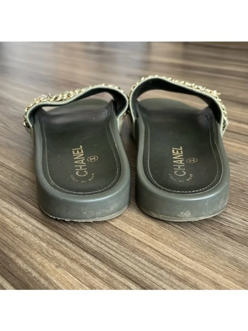 CHANEL RESORT 17 Chain Slide Mule Army Gold Sandals Dangle CC Logo Leather Sanda